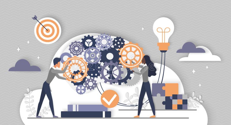 Process of business development, idea generation, tiny people move and repair mechanism royalty free illustration
