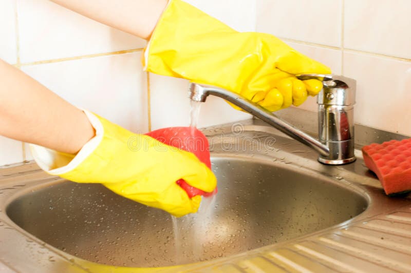 The Process of Cleaning the Kitchen Sink Stock Image Image of gloves