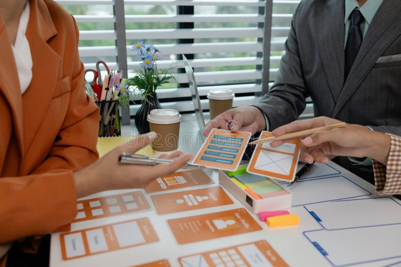Process of creating an interface for a mobile app, user interface and experience concept, ux, ui, ux developer and ui designer royalty free stock photos