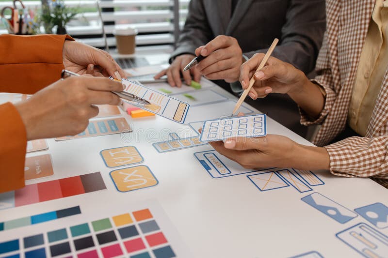 Process of creating an interface for a mobile app, user interface and experience concept, ux, ui, ux developer and ui designer royalty free stock images