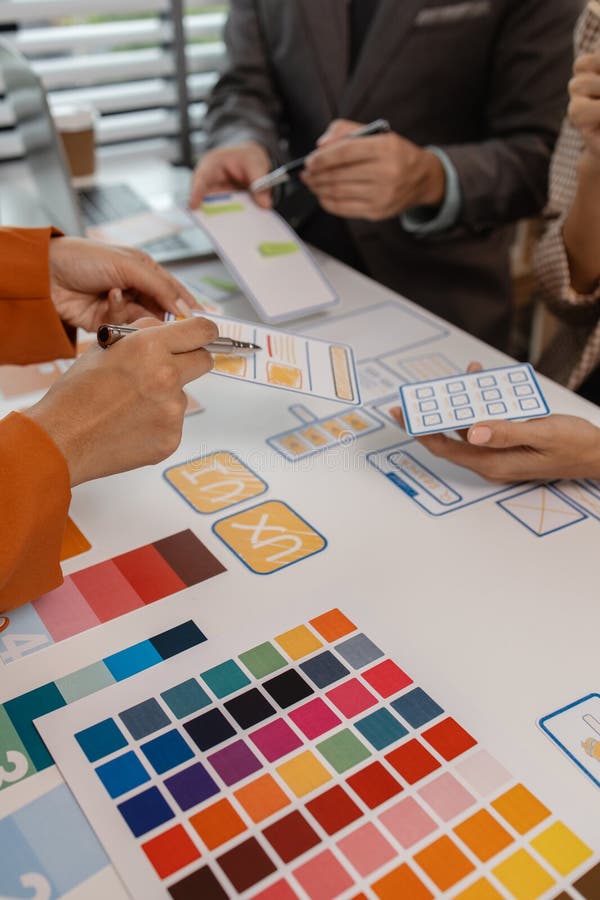 Process of creating an interface for a mobile app, user interface and experience concept, ux, ui, ux developer and ui designer stock photography