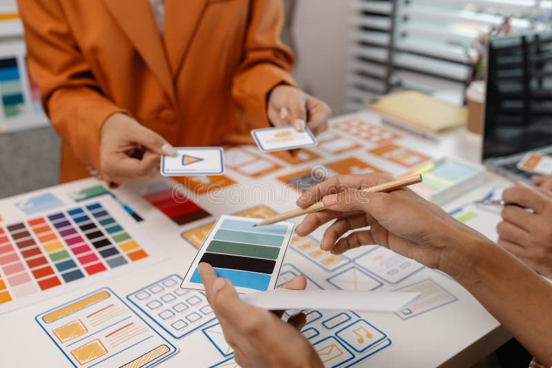 Process of creating an interface for a mobile app, user interface and experience concept, ux, ui, ux developer and ui designer royalty free stock photo