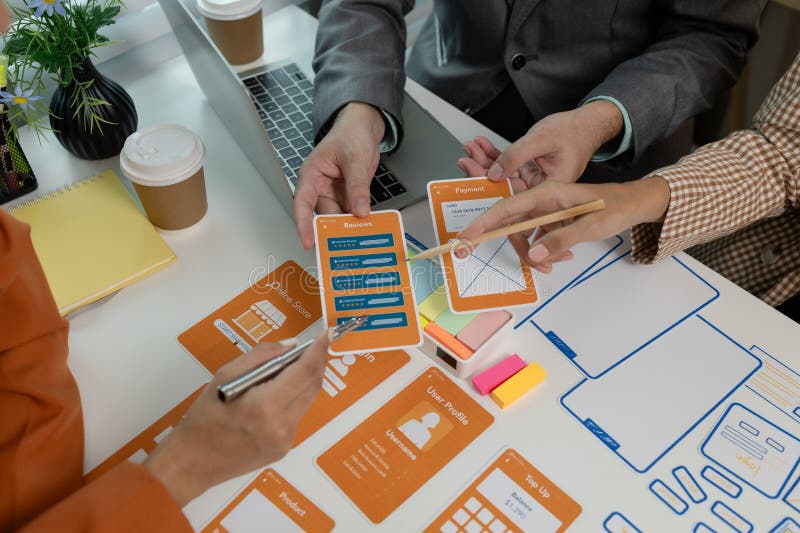 Process of creating an interface for a mobile app, user interface and experience concept, ux, ui, ux developer and ui designer royalty free stock images