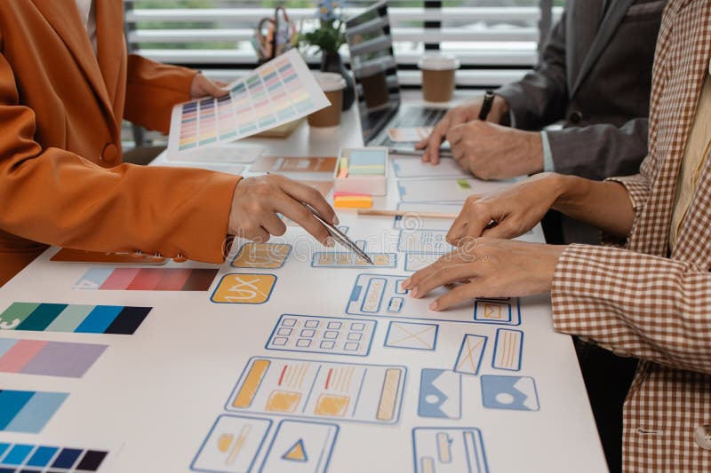 Process of creating an interface for a mobile app, user interface and experience concept, ux, ui, ux developer and ui designer royalty free stock photos
