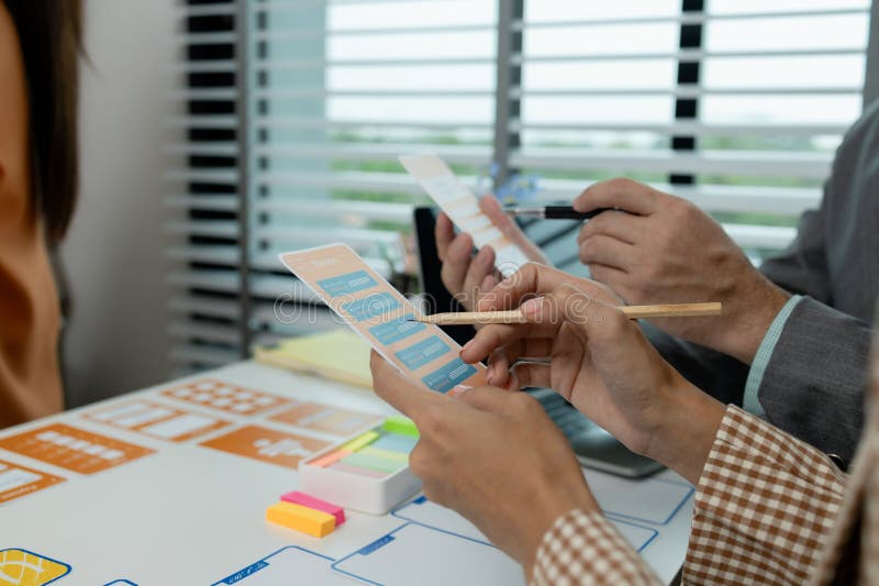 Process of creating an interface for a mobile app, user interface and experience concept, ux, ui, ux developer and ui designer stock photography