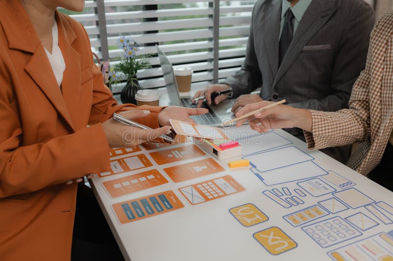 Process of creating an interface for a mobile app, user interface and experience concept, ux, ui, ux developer and ui designer royalty free stock image