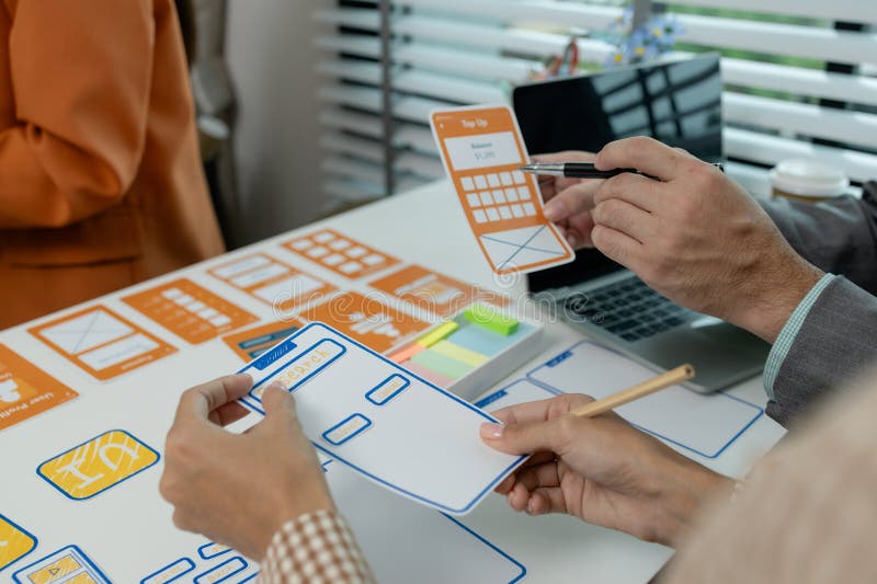 Process of creating an interface for a mobile app, user interface and experience concept, ux, ui, ux developer and ui designer royalty free stock image