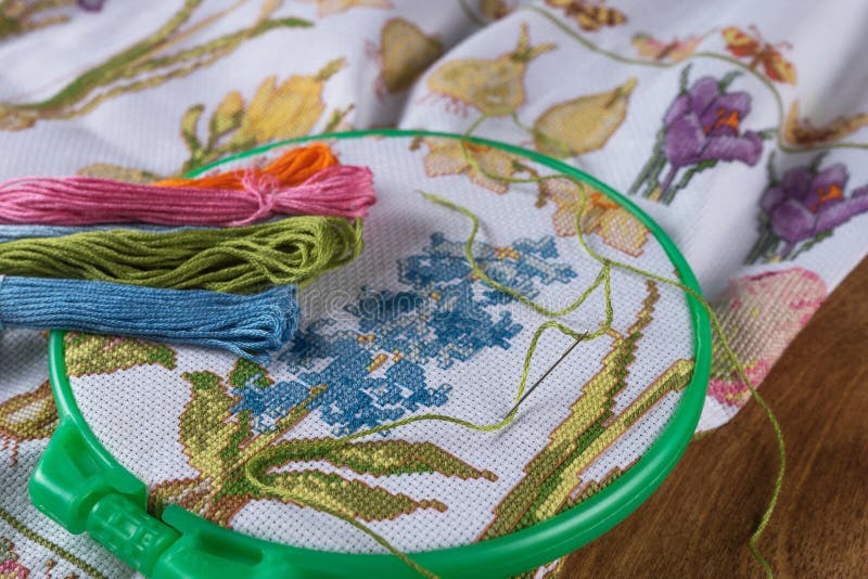 The Process of Crossstitch. Canvas on Hoops, Needles, Embroidery Floss