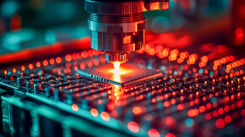 The process of high-precision work with a chip on a printed circuit board. royalty free illustration
