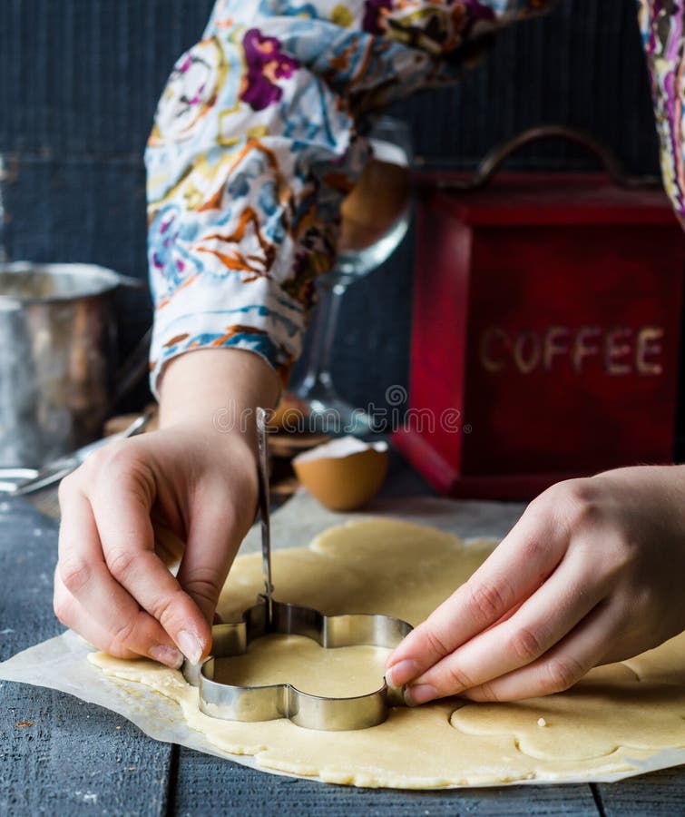 The Process of Making Biscuits, Shortbread Dough Raw, Cut Shape Stock