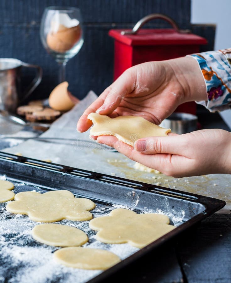 The Process of Making Biscuits, Shortbread Dough Raw, Cut Shape Stock