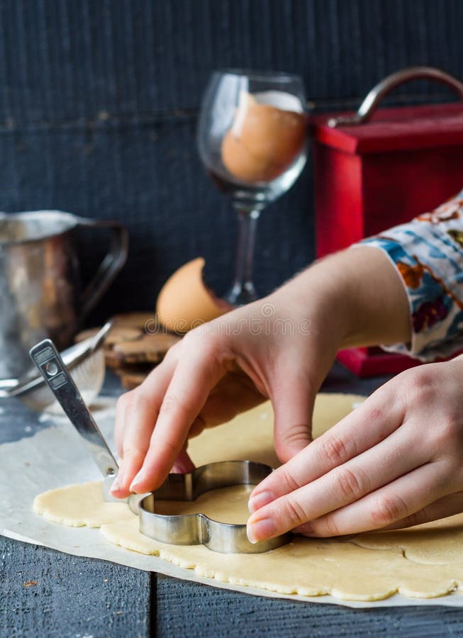 The Process of Making Biscuits, Shortbread Dough Raw, Cut Shape Stock