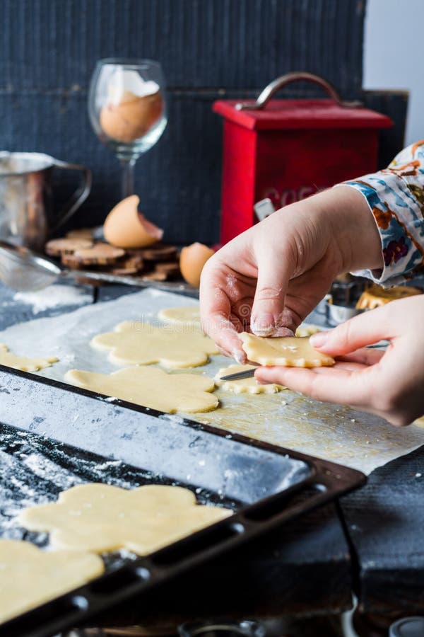 The Process of Making Biscuits, Shortbread Dough Raw, Cut Shape Stock