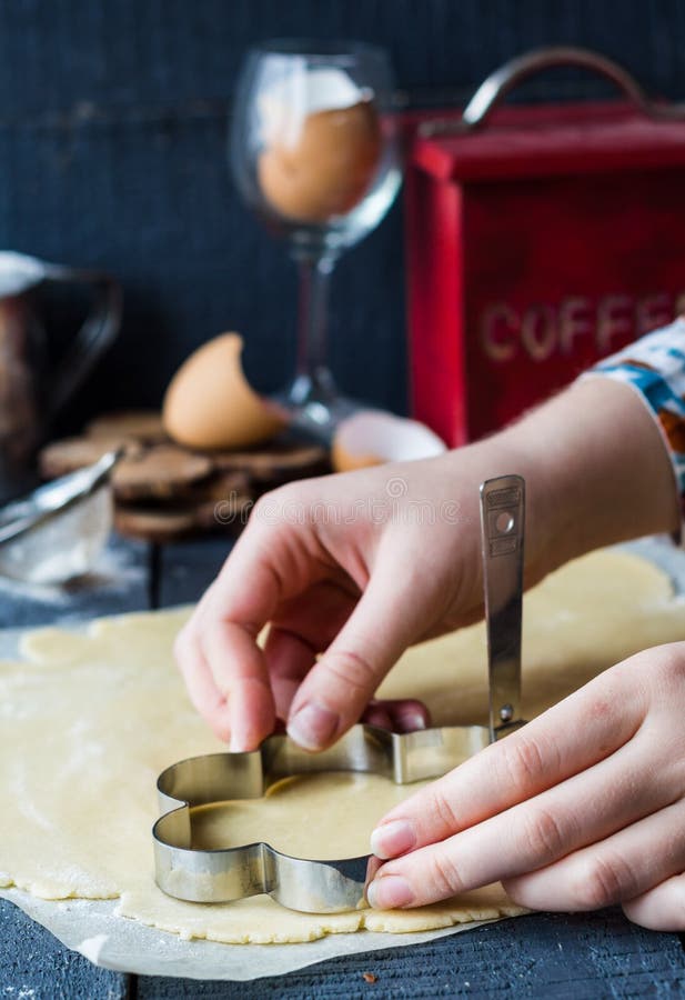 The Process of Making Biscuits, Shortbread Dough Raw, Cut Shape Stock
