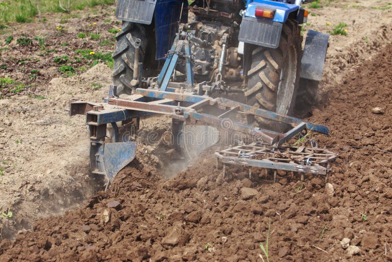 Plowing the Land in the Garden with a Cultivator. a Man Plows the Land