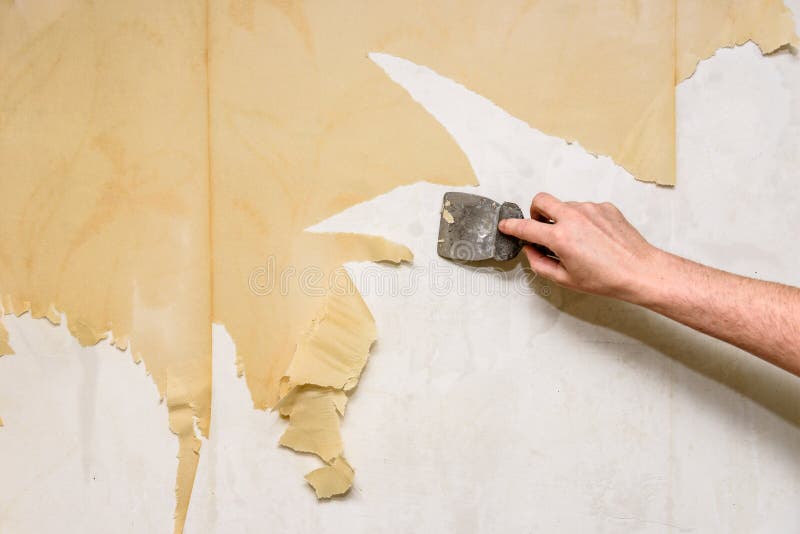 Process of Removing Old Wallpaper. Cleaning Wall from Wet Old Wallpaper