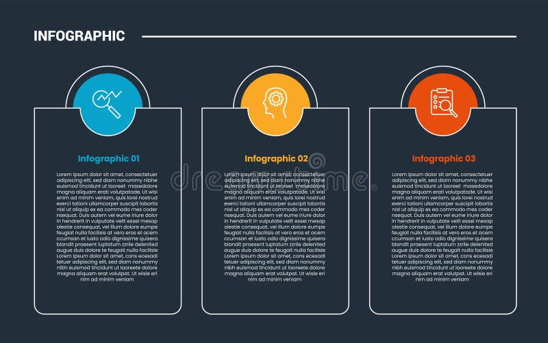 Process stages workflow infographic dark outline for slide presentation with big rectangle container with circle on top with 3 stock illustration