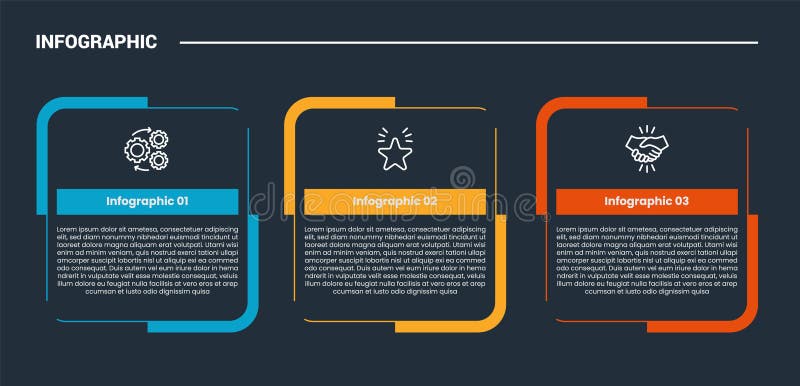 Process stages workflow infographic dark outline for slide presentation with creative round box container with slice line with 3 royalty free illustration