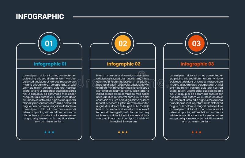 Process stages workflow infographic dark outline for slide presentation with creative table with circle badge on top with 3 point royalty free illustration