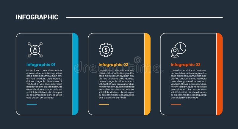 Process stages workflow infographic dark outline for slide presentation with round box with list badge on right side with 3 point vector illustration