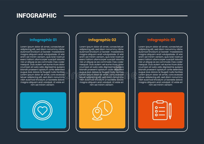Process stages workflow infographic dark outline for slide presentation with round vertical box with block badge on bottom with 3 royalty free illustration