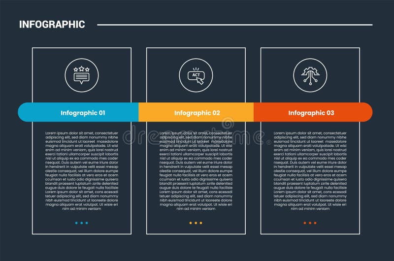 Process stages workflow infographic dark outline for slide presentation with sharp table box with round badge header through with royalty free illustration
