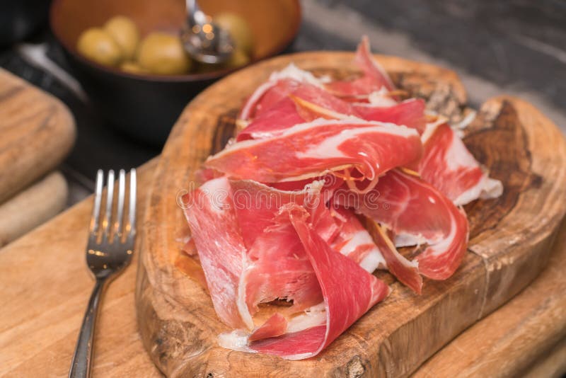 Processed Cold Meat Products, on a Wooden Cutting Board. Stock Photo Image of closeup, eating