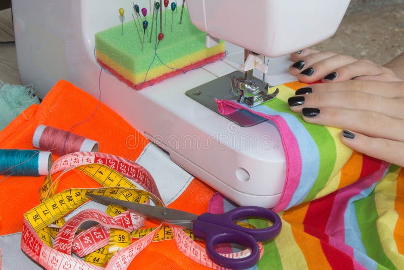 Processes of Sewing on the Sewing Machine Sew Female Hands Sewing