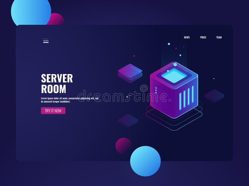 Processing big data, server room datacenter, cloud storage service, database connection, future tech, technology object vector illustration