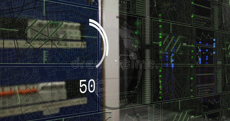 Processing data and analyzing graphs and maps on multiple screens stock image