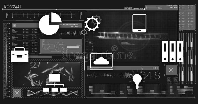 Processing data with digital interface elements over technological background stock photography