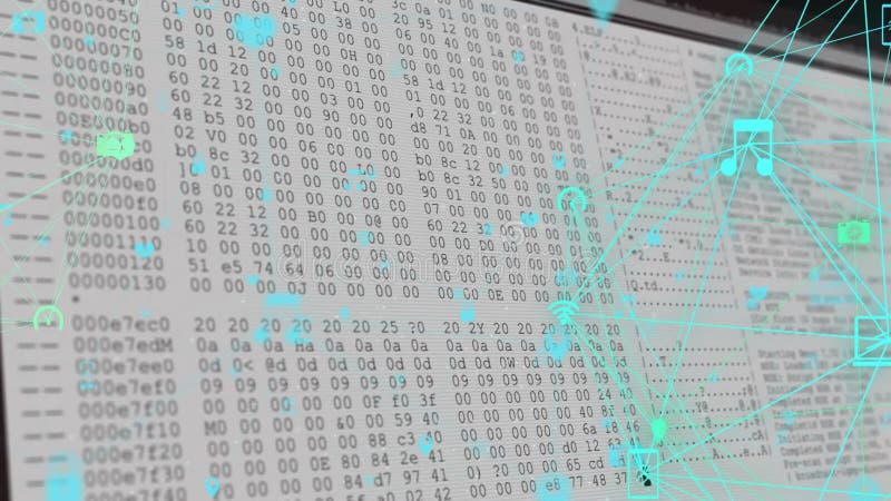 Processing hexadecimal data with digital network and animation icons overlay vector illustration