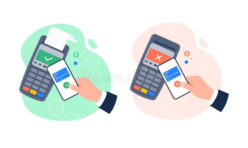 Processing of NFC payment. Accepting and declining payment. POS terminal with smartphone. Contactless payment, near stock illustration