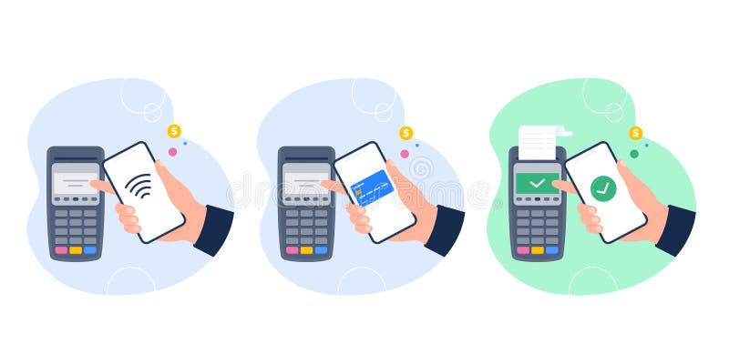 Processing of NFC payment. Contactless payment by smartphone, near-field communication protocol, and e-payment. Vector stock illustration