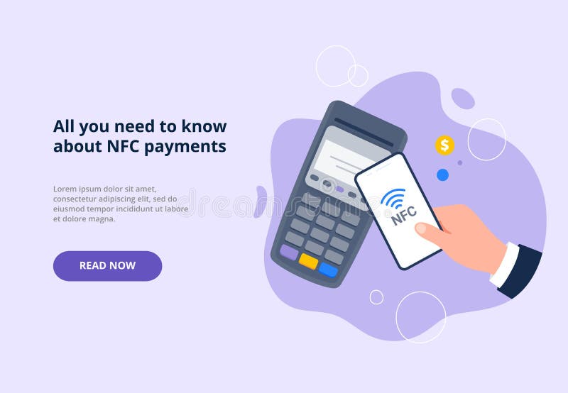 Processing of NFC payment. POS terminal with smartphone. Contactless payment, near-field communication protocol, and e. Vector flat illustration for banners, landing page.