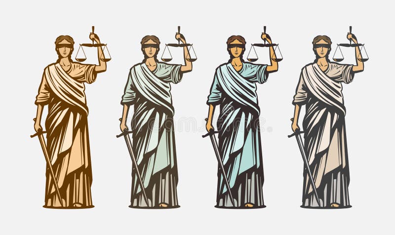 Processo legal, símbolo do juiz Justiça da senhora, julgamento, defesa, conceito do justitia Ilustração do vetor do vintage