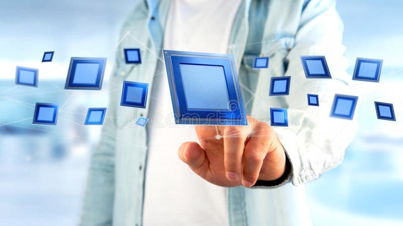 Processor chip and network connection - 3d render stock image