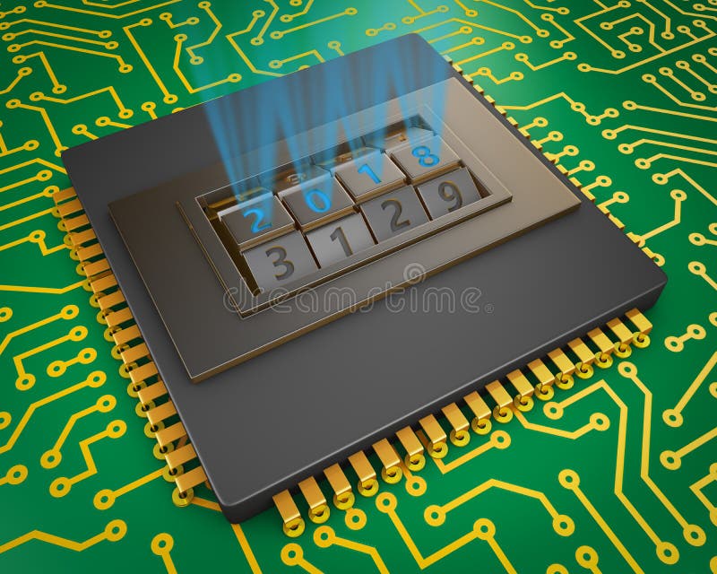 The processor with the code lock and the number 2018. 3d render. Code processor computer illustrations