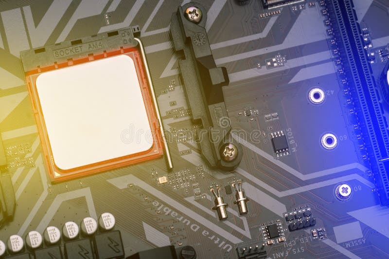 Computer Motherboard with Processor and Battery. the Concept of