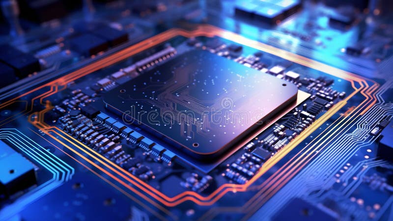 An processor cpu surrounded by electronic components with a shallow depth for the camera vector illustration