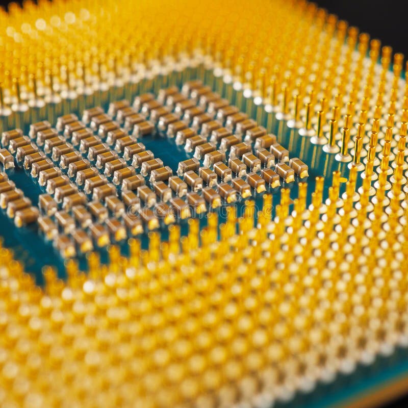 Processor microprocessor CPU computer or laptop very close-up. Semiconductors, pins and connectors. IT. Illustration: electronic