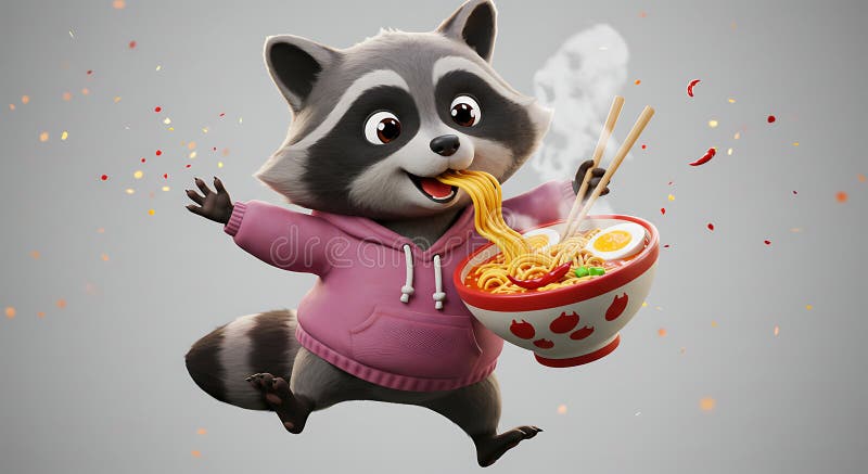 Procione animato che guasta una ciotola aromatizzata di ramen al vapore con esuberanza. Un procione animato allegro indulge allegramente in una ciotola di ramen. Questa deliziosa illustrazione cattura i procioni con un'esuberanza gioiosa, mentre il suo delizioso pasto mostra la gioia e il cibo di conforto che porta