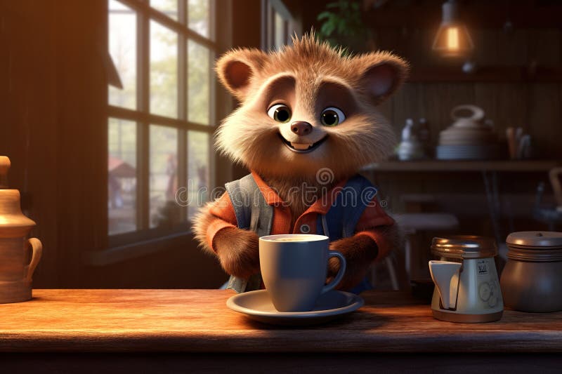 Procione animato con caffè in un ambiente rustico generato ai illustrazione di stock