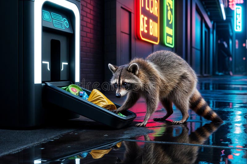 Procione animato stilizzato in un ambiente futuristico illustrazione vettoriale