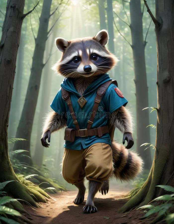 Procione animato in uniforme da scout nella foresta illustrazione vettoriale