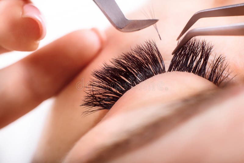Procédure d'extension de cil Oeil de femme avec de longs cils Mèches, fin, macro, foyer sélectif images stock
