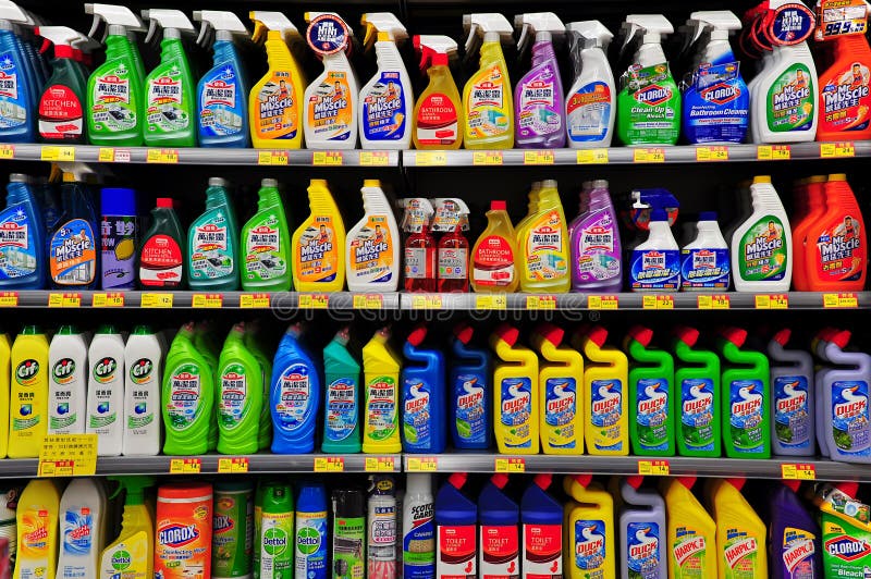 assorted cleaning products on shelves at a supermarket in hong kong. assorted cleaning products on shelves at a supermarket in hong kong