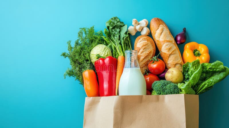 Prodotti freschi e prodotti di panetteria straripati da un sacchetto di carta marrone su uno sfondo solido brillante fotografie stock libere da diritti