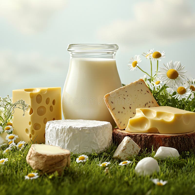 Prodotti lattiero-caseari assortimento di latte di formaggio su erba con margherite di alimenti freschi destinati all'allevamento illustrazione vettoriale