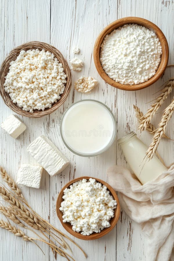 Prodotti lattiero-caseari freschi e frumento su tavolette di legno illustrazione di stock